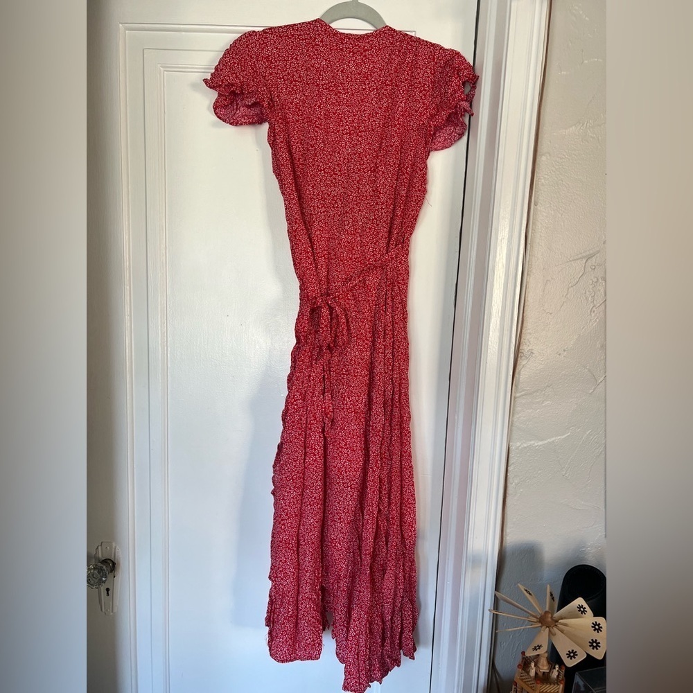 Red Floral Wrap Midi Dress Cottagecore Ruffle Sleeve Summer Size L/ M - Picture 10 of 10